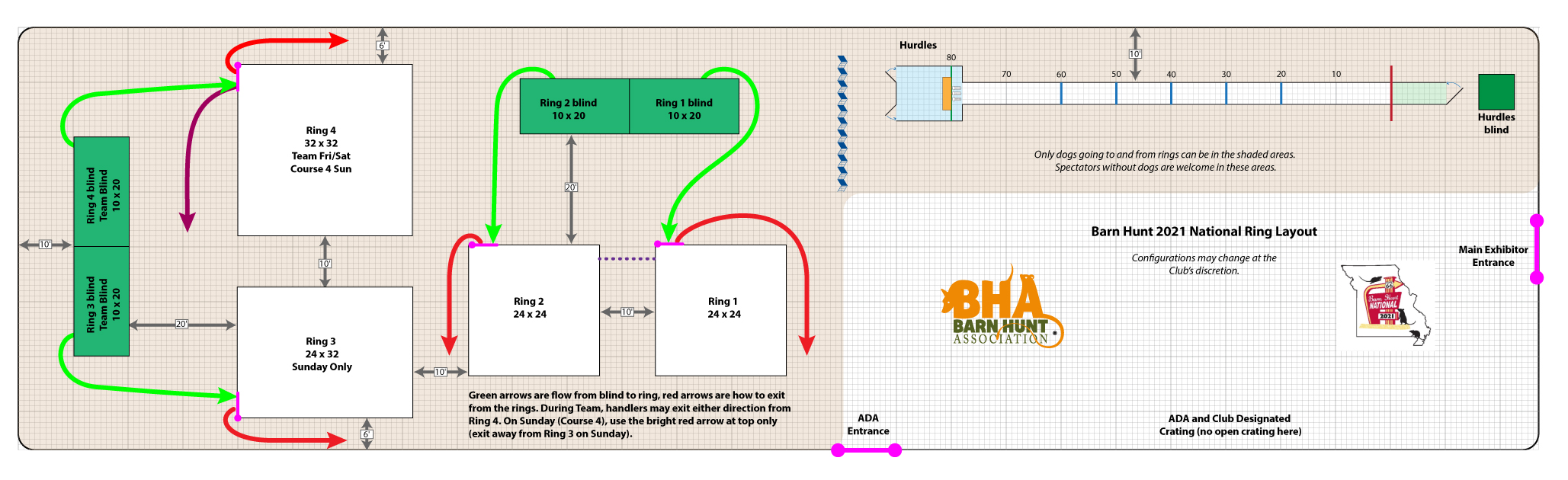 A map of the Barn Hunt rings and traffic flow